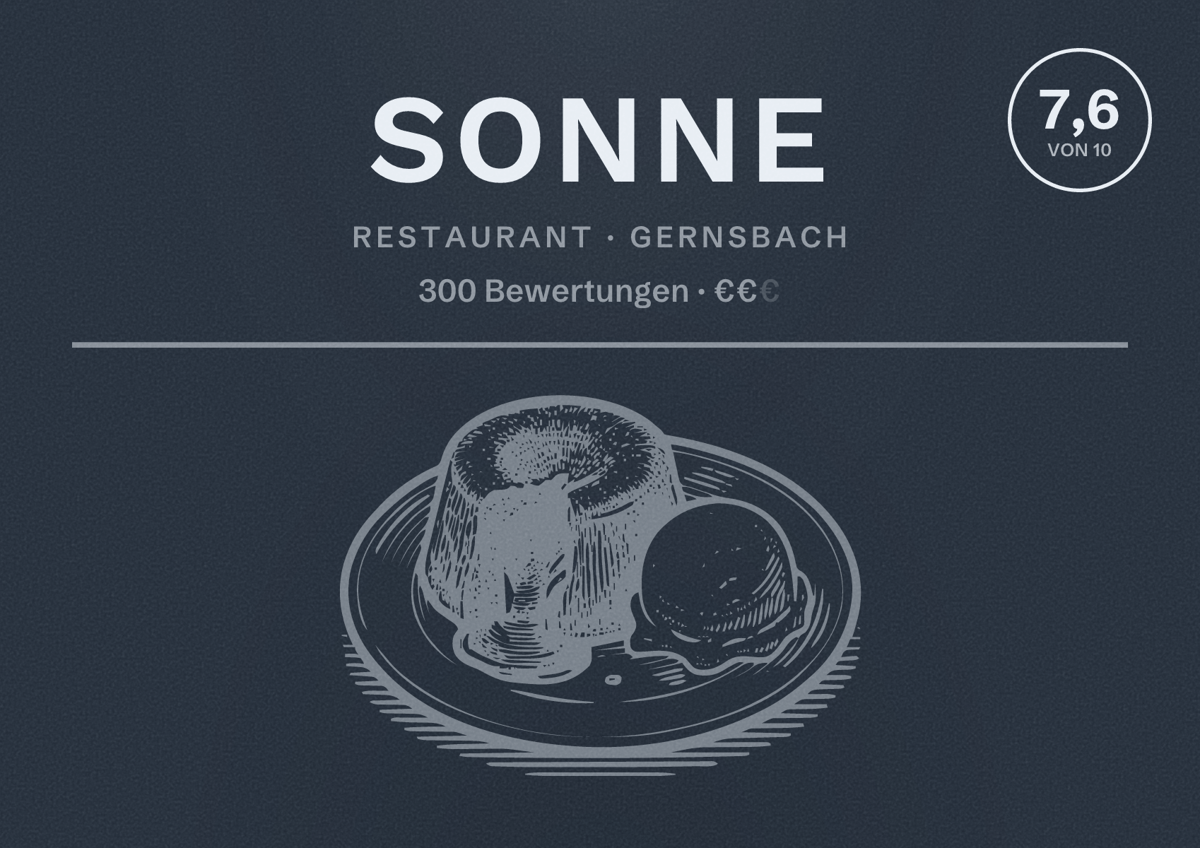 Illustriertes Poster von Sonne, Restaurant in Gernsbach: Bewertung 7,6 von 10 aus 300 Bewertungen, Preisniveau €€
