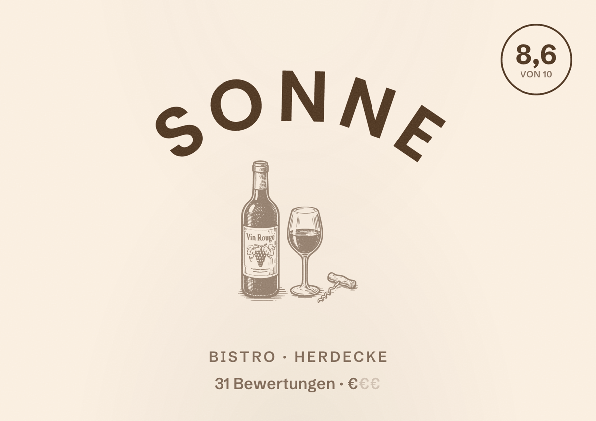 Illustriertes Poster von Sonne, Bistro in Herdecke: Bewertung 8,6 von 10 aus 31 Bewertungen, Preisniveau €