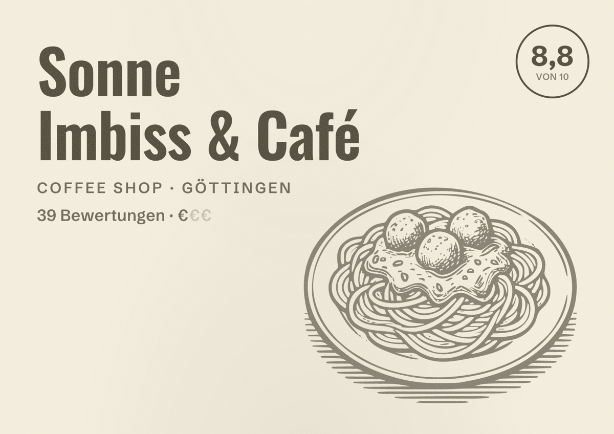Illustriertes Poster von Sonne Imbiss & Café, Coffee Shop in Göttingen: Bewertung 8,8 von 10 aus 39 Bewertungen, Preisniveau €