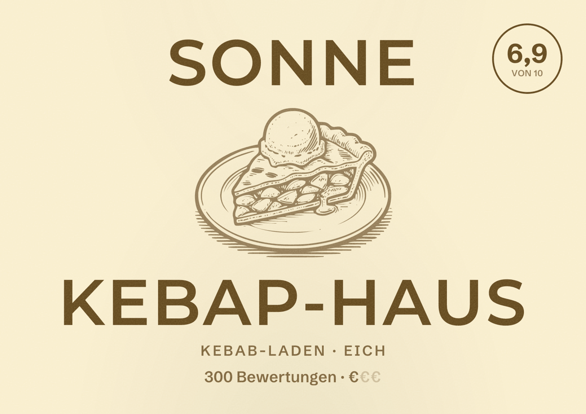 Illustriertes Poster von SONNE Kebap-Haus, Kebab-Laden in Eich: Bewertung 6,9 von 10 aus 300 Bewertungen, Preisniveau €