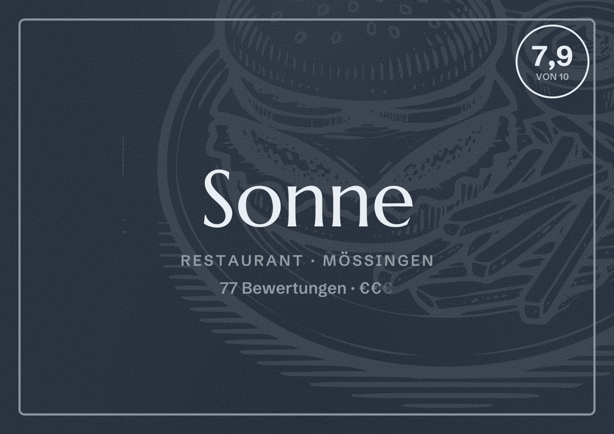 Illustriertes Poster von Sonne, Restaurant in Mössingen: Bewertung 7,9 von 10 aus 77 Bewertungen, Preisniveau €€