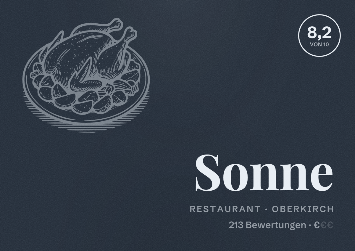 Illustriertes Poster von Sonne, Restaurant in Oberkirch: Bewertung 8,2 von 10 aus 213 Bewertungen, Preisniveau €