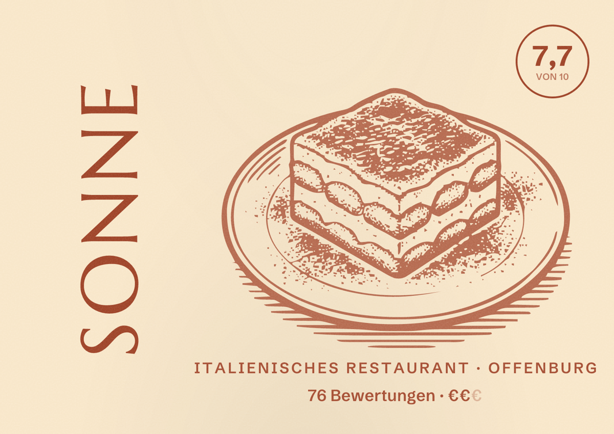 Illustriertes Poster von Sonne, Italienisches Restaurant in Offenburg: Bewertung 7,7 von 10 aus 76 Bewertungen, Preisniveau €€