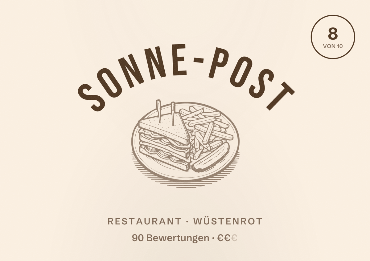 Illustriertes Poster von Sonne-Post, Restaurant in Wüstenrot: Bewertung 8 von 10 aus 90 Bewertungen, Preisniveau €€