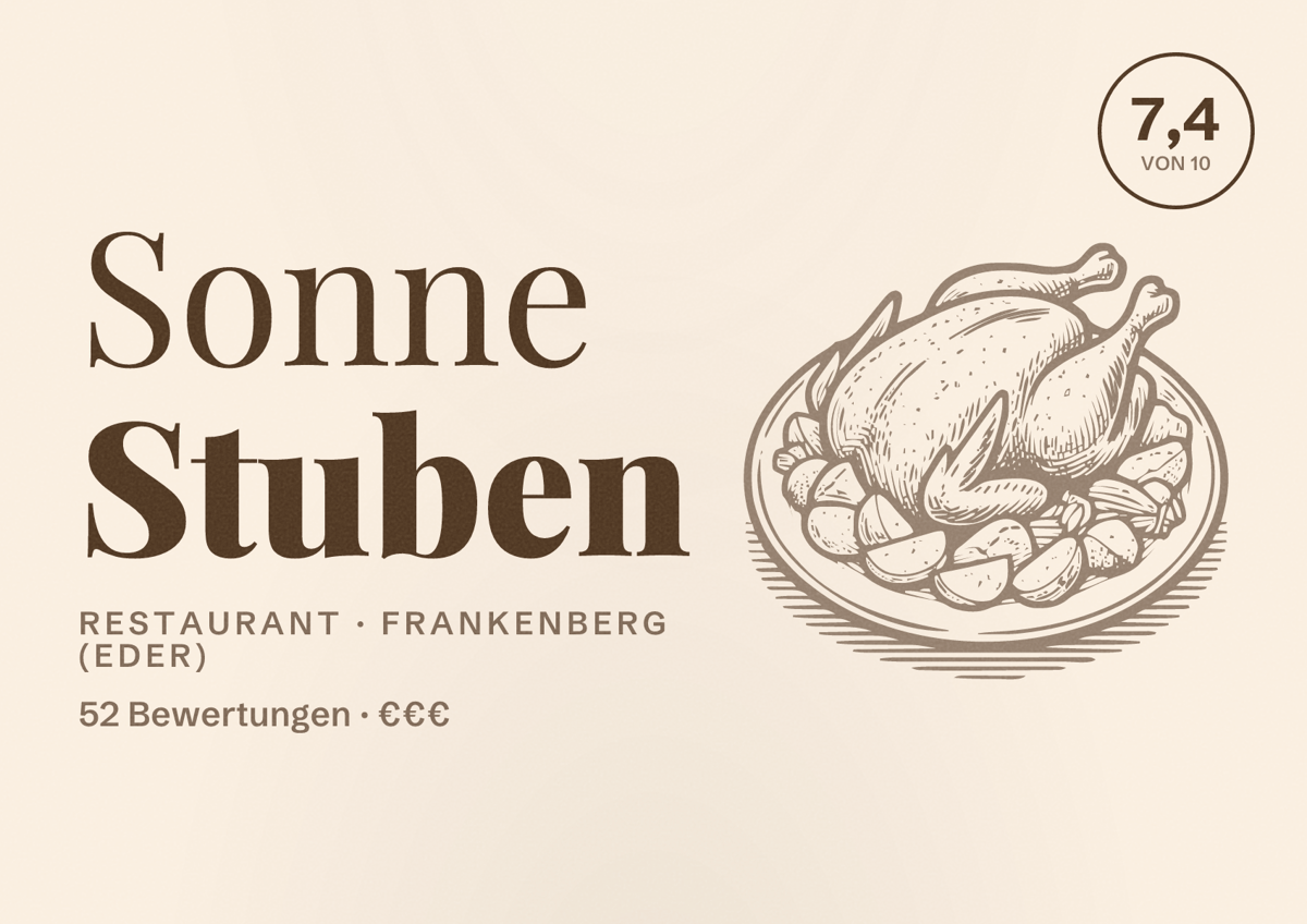 Illustriertes Poster von Sonne Stuben, Restaurant in Frankenberg (Eder): Bewertung 7,4 von 10 aus 52 Bewertungen, Preisniveau €€€