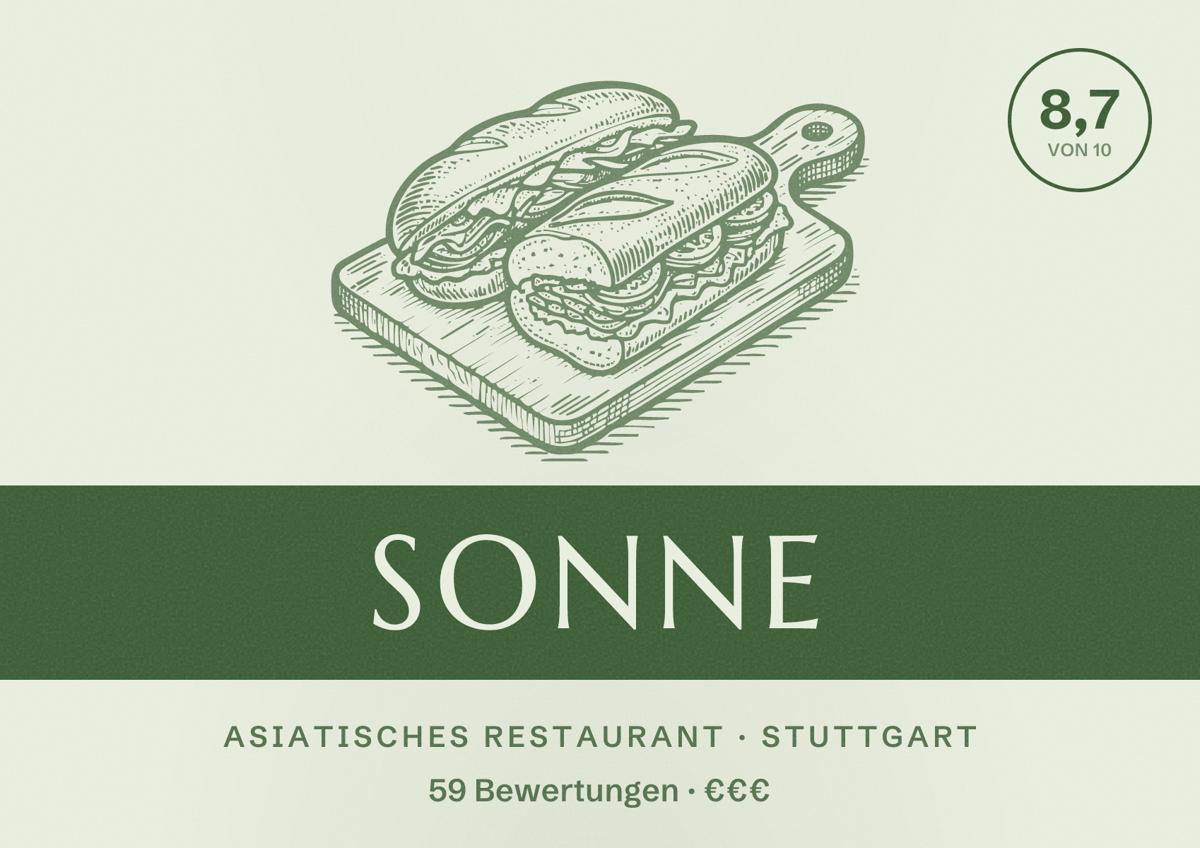 Illustriertes Poster von Sonne, Asiatisches Restaurant in Stuttgart: Bewertung 8,7 von 10 aus 59 Bewertungen, Preisniveau €€€