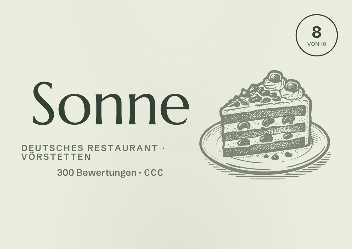 Illustriertes Poster von Sonne, Deutsches Restaurant in Vörstetten: Bewertung 8 von 10 aus 300 Bewertungen, Preisniveau €€€