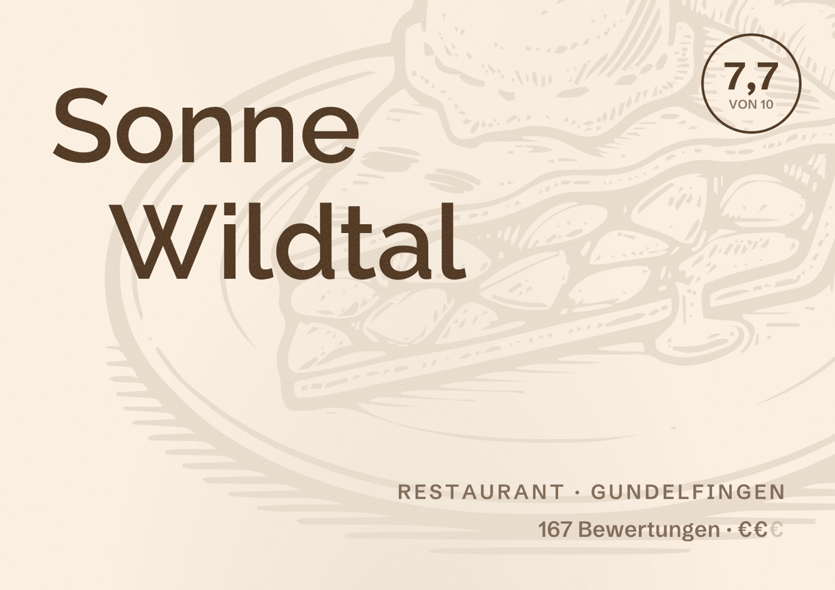 Illustriertes Poster von Sonne Wildtal, Restaurant in Gundelfingen: Bewertung 7,7 von 10 aus 167 Bewertungen, Preisniveau €€