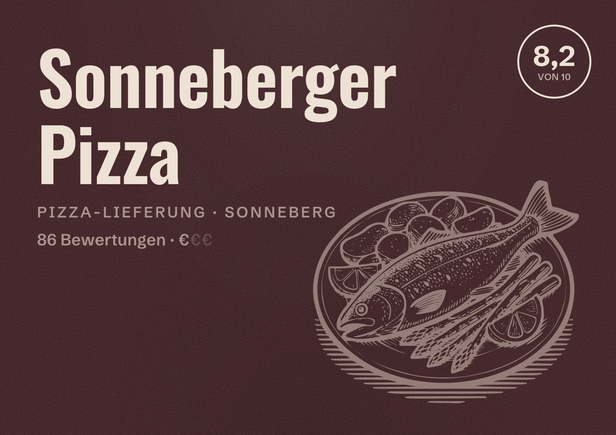 Illustriertes Poster von Sonneberger Pizza, Pizza-Lieferung in Sonneberg: Bewertung 8,2 von 10 aus 86 Bewertungen, Preisniveau €