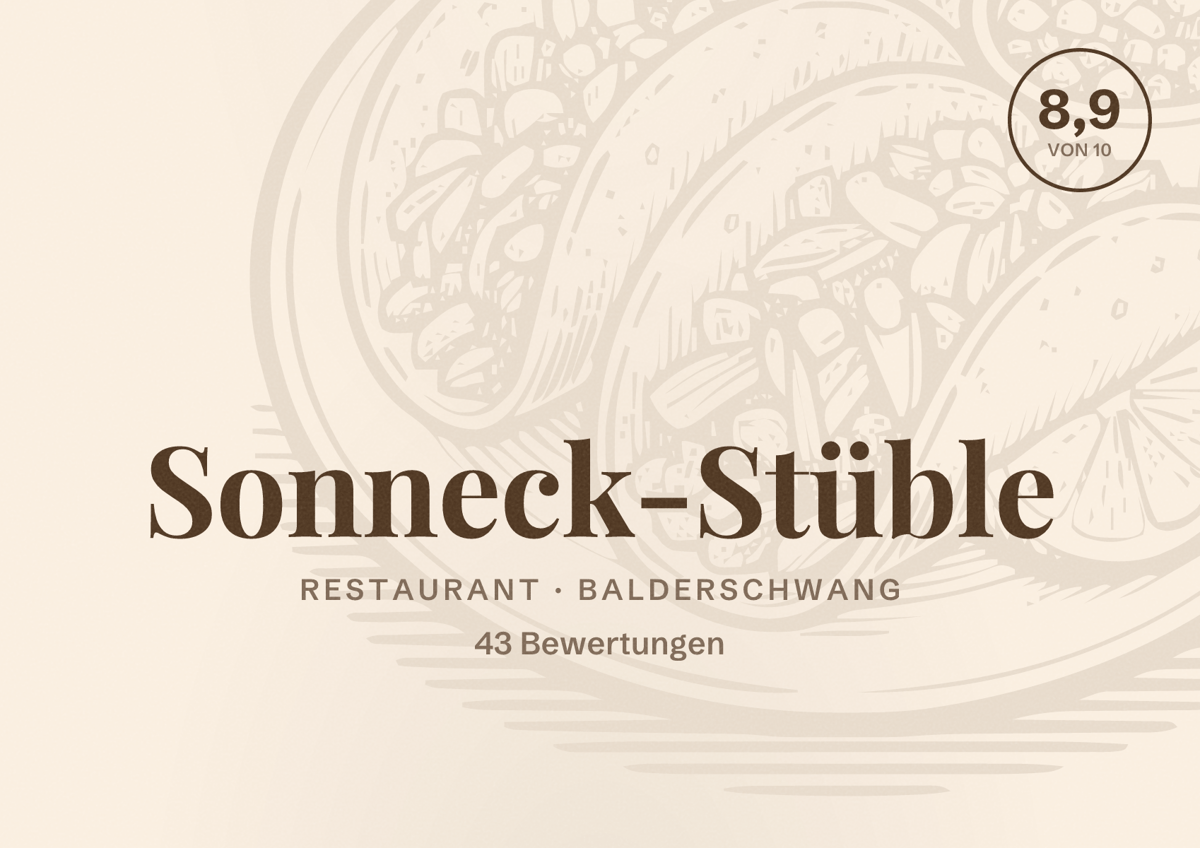 Illustriertes Poster von Sonneck-Stüble, Restaurant in Balderschwang: Bewertung 8,9 von 10 aus 43 Bewertungen