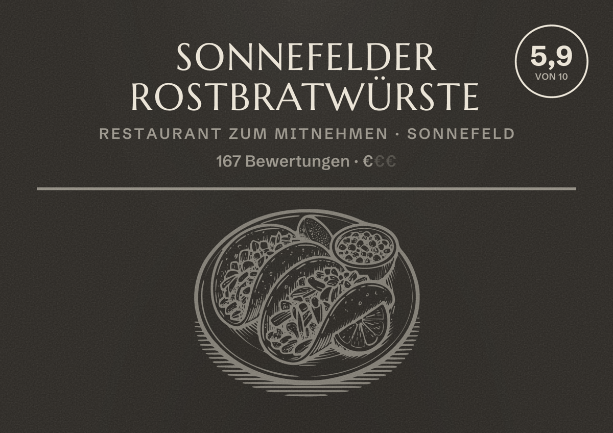 Illustriertes Poster von Sonnefelder Rostbratwürste, Restaurant zum Mitnehmen in Sonnefeld: Bewertung 5,9 von 10 aus 167 Bewertungen, Preisniveau €