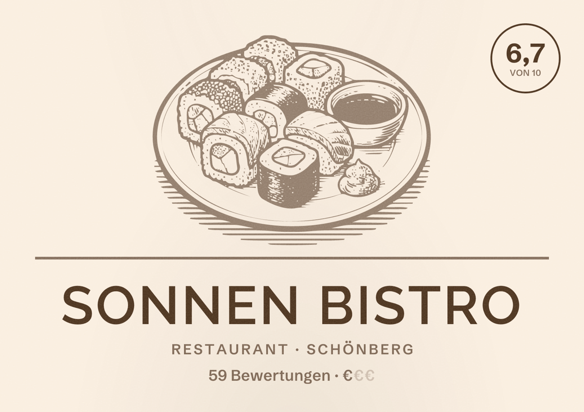 Illustriertes Poster von Sonnen Bistro, Restaurant in Schönberg: Bewertung 6,7 von 10 aus 59 Bewertungen, Preisniveau €