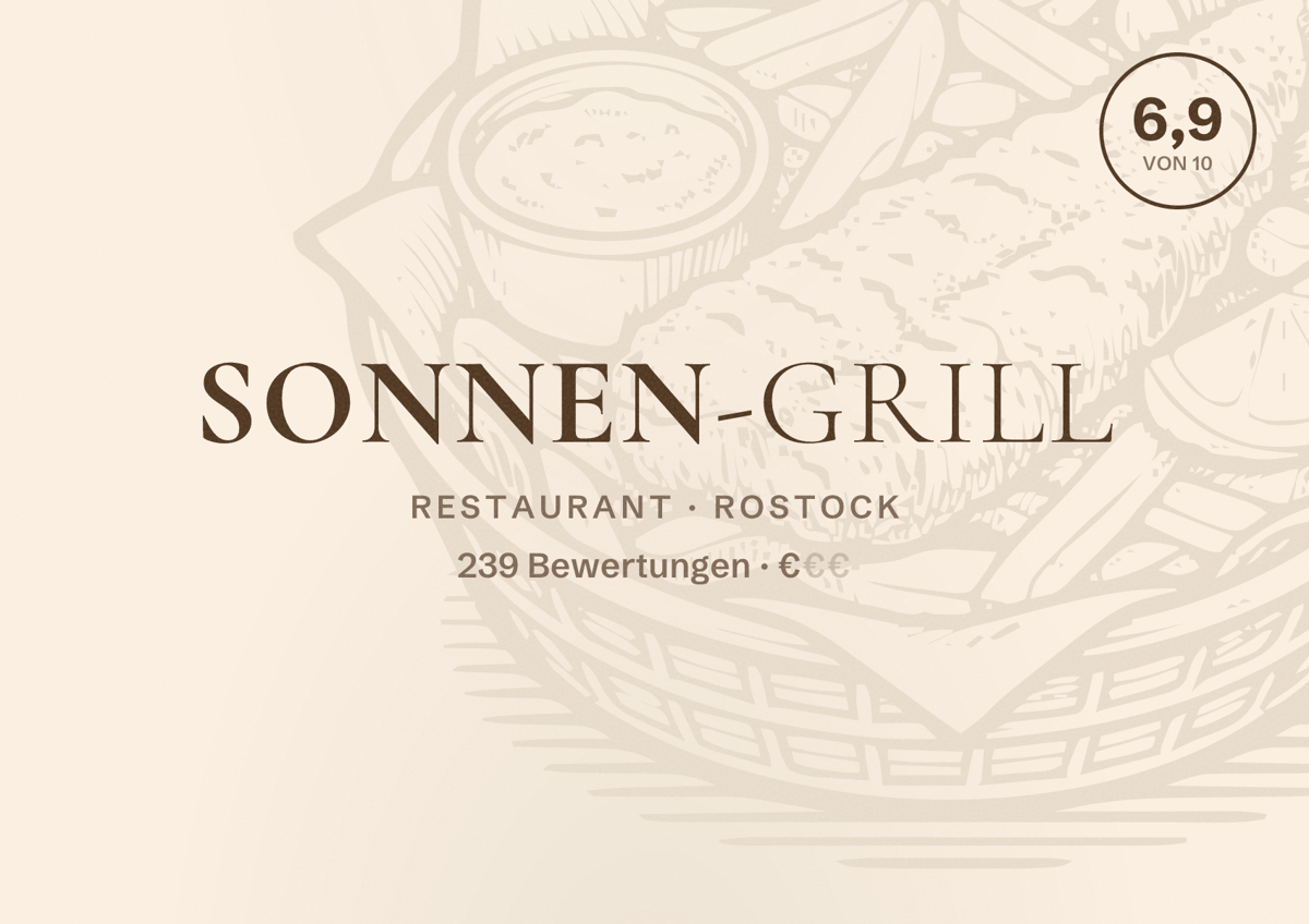 Illustriertes Poster von Sonnen-Grill, Restaurant in Rostock: Bewertung 6,9 von 10 aus 239 Bewertungen, Preisniveau €