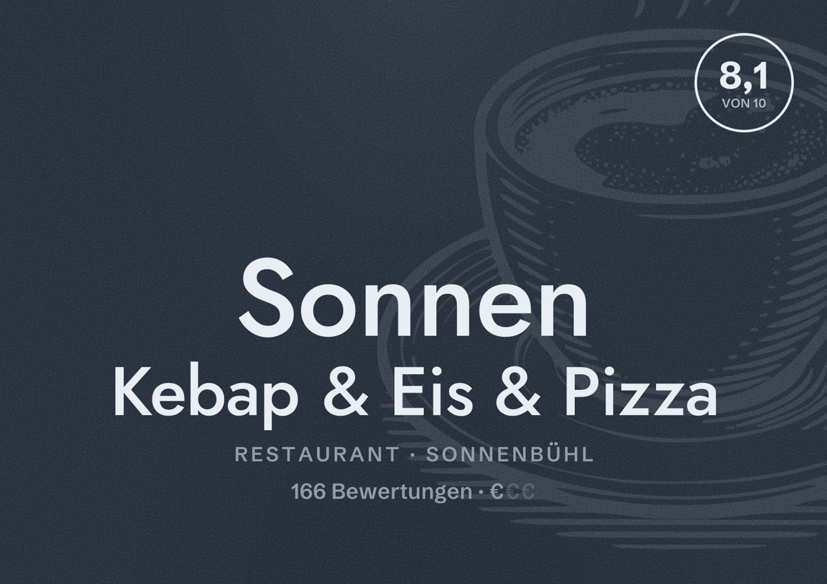 Illustriertes Poster von Sonnen Kebap & Eis & Pizza, Restaurant in Sonnenbühl: Bewertung 8,1 von 10 aus 166 Bewertungen, Preisniveau €