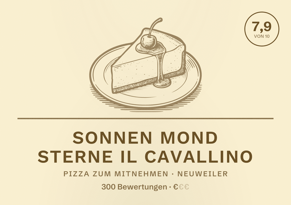 Illustriertes Poster von Sonnen Mond Sterne il Cavallino, Pizza zum Mitnehmen in Neuweiler: Bewertung 7,9 von 10 aus 300 Bewertungen, Preisniveau €