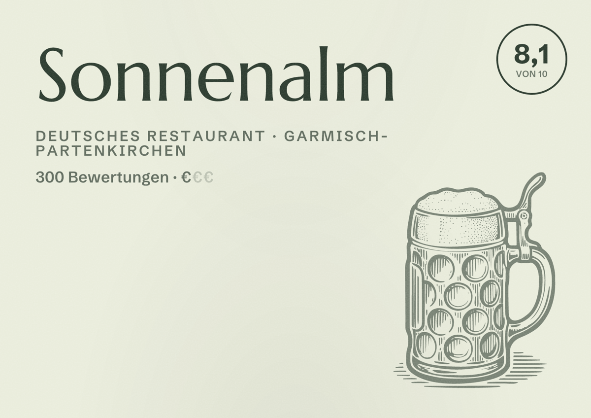 Illustriertes Poster von Sonnenalm, Deutsches Restaurant in Garmisch-Partenkirchen: Bewertung 8,1 von 10 aus 300 Bewertungen, Preisniveau €