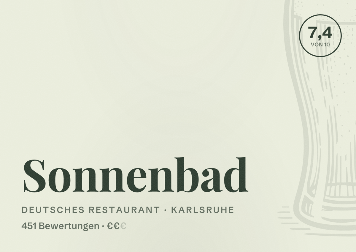 Illustriertes Poster von Sonnenbad, Deutsches Restaurant in Karlsruhe: Bewertung 7,4 von 10 aus 451 Bewertungen, Preisniveau €€