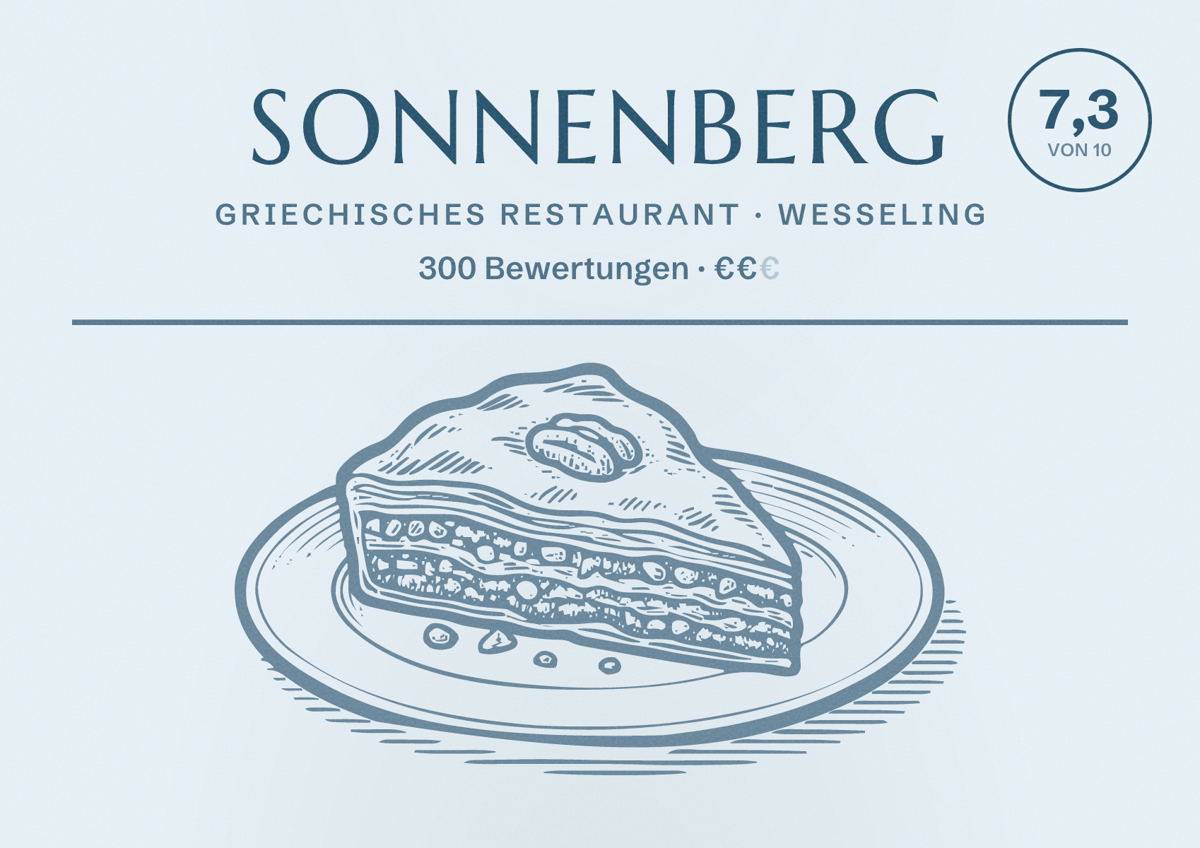 Illustriertes Poster von Sonnenberg, Griechisches Restaurant in Wesseling: Bewertung 7,3 von 10 aus 300 Bewertungen, Preisniveau €€