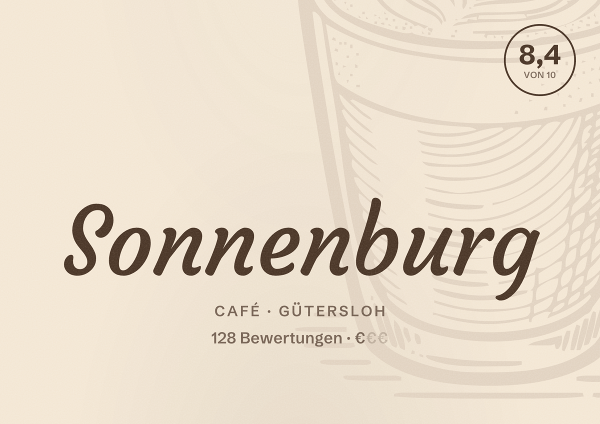 Illustriertes Poster von Sonnenburg, Café in Gütersloh: Bewertung 8,4 von 10 aus 128 Bewertungen, Preisniveau €
