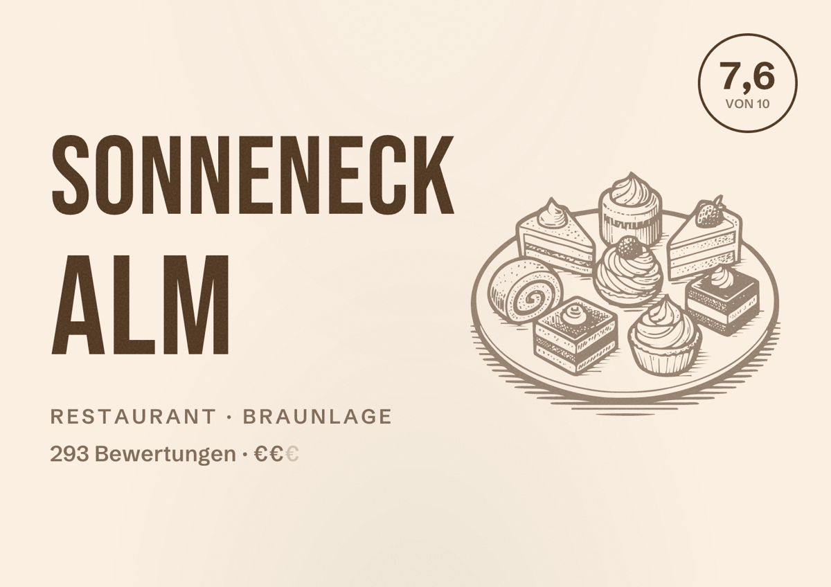 Illustriertes Poster von Sonneneck Alm, Restaurant in Braunlage: Bewertung 7,6 von 10 aus 293 Bewertungen, Preisniveau €€