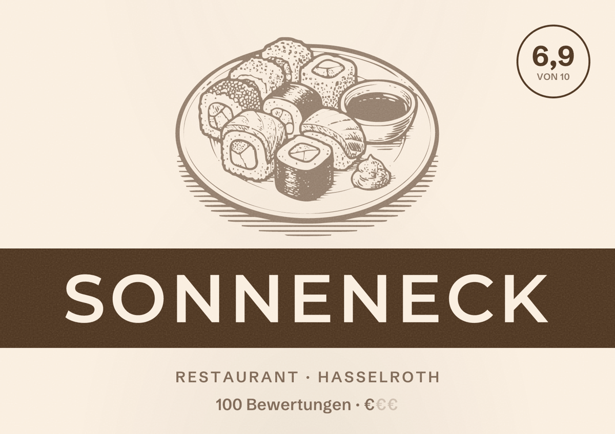 Illustriertes Poster von Sonneneck, Restaurant in Hasselroth: Bewertung 6,9 von 10 aus 100 Bewertungen, Preisniveau €