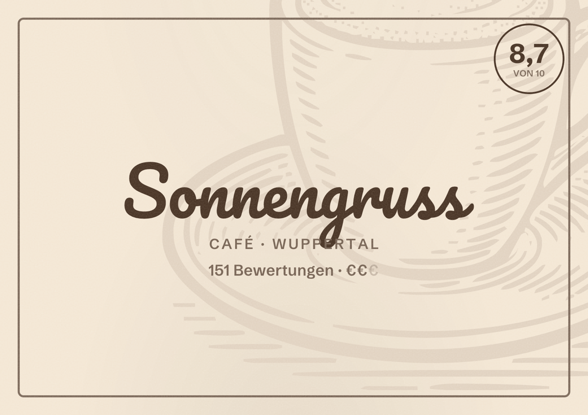 Illustriertes Poster von Sonnengruss, Café in Wuppertal: Gästebewertung 8,7 von 10 aus 151 Bewertungen
