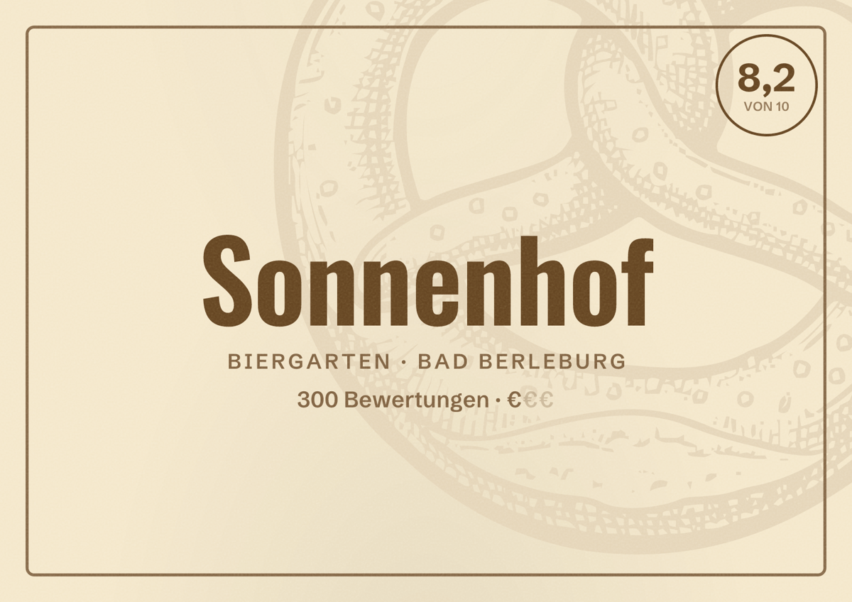 Illustriertes Poster von Sonnenhof, Biergarten in Bad Berleburg: Bewertung 8,2 von 10 aus 300 Bewertungen, Preisniveau €