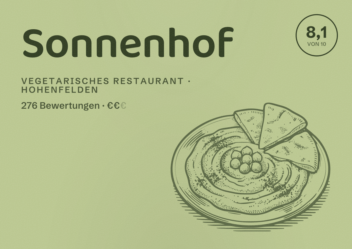 Illustriertes Poster von Sonnenhof, Vegetarisches Restaurant in Hohenfelden: Bewertung 8,1 von 10 aus 276 Bewertungen, Preisniveau €€