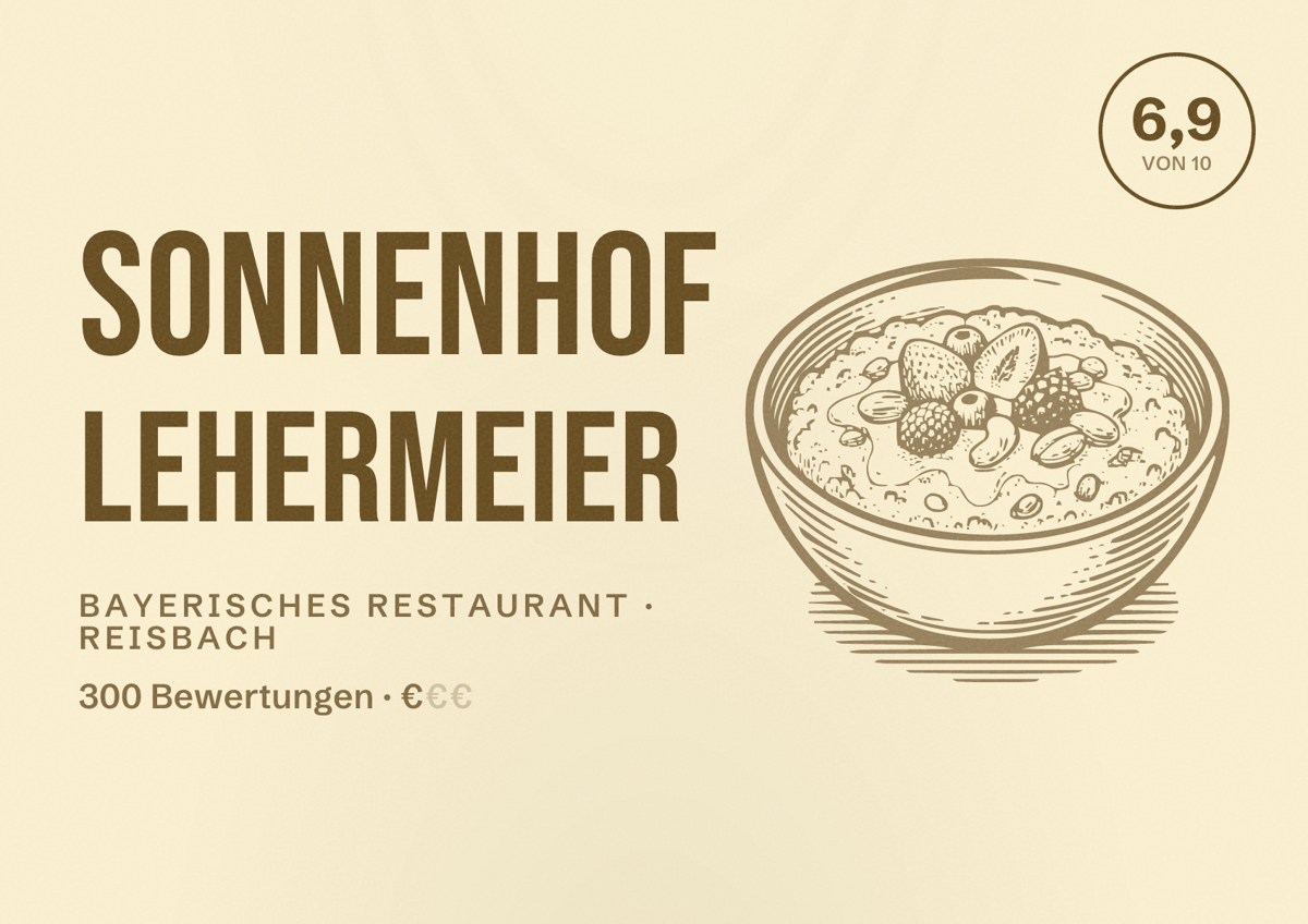 Illustriertes Poster von Sonnenhof Lehermeier, Bayerisches Restaurant in Reisbach: Bewertung 6,9 von 10 aus 300 Bewertungen, Preisniveau €