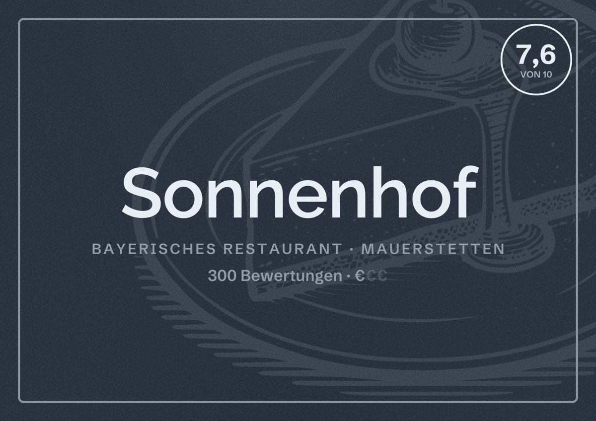 Illustriertes Poster von Sonnenhof, Bayerisches Restaurant in Mauerstetten: Bewertung 7,6 von 10 aus 300 Bewertungen, Preisniveau €