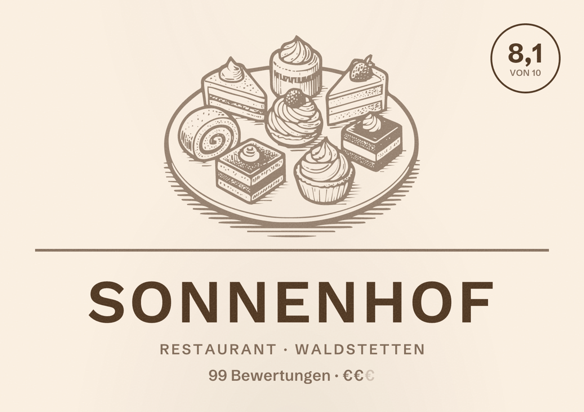 Illustriertes Poster von Sonnenhof, Restaurant in Waldstetten: Bewertung 8,1 von 10 aus 99 Bewertungen, Preisniveau €€