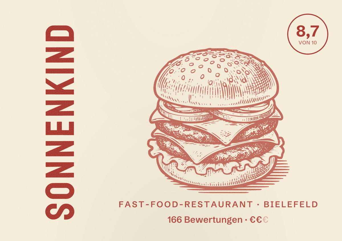 Illustriertes Poster von Sonnenkind, Fast-Food-Restaurant in Bielefeld: Bewertung 8,7 von 10 aus 166 Bewertungen, Preisniveau €€
