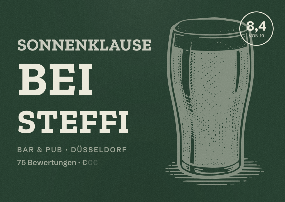 Illustriertes Poster von Sonnenklause bei Steffi, Bar & Pub in Düsseldorf: Bewertung 8,4 von 10 aus 75 Bewertungen, Preisniveau €