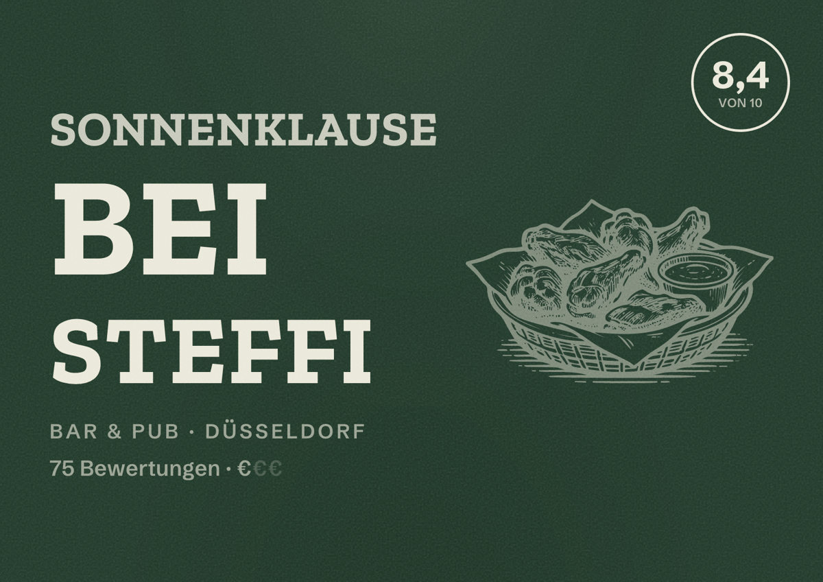 Illustriertes Poster von Sonnenklause bei Steffi, Bar & Pub in Düsseldorf: Bewertung 8,4 von 10 aus 75 Bewertungen, Preisniveau €