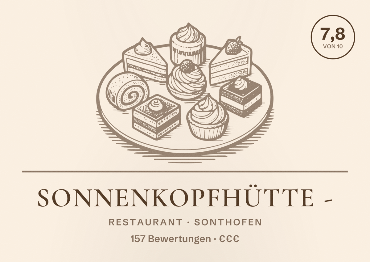 Illustriertes Poster von Sonnenkopfhütte -, Restaurant in Sonthofen: Bewertung 7,8 von 10 aus 157 Bewertungen, Preisniveau €€€