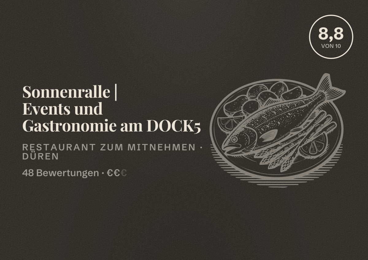Illustriertes Poster von Sonnenralle | Events und Gastronomie am DOCK5, Restaurant zum Mitnehmen in Düren: Bewertung 8,8 von 10 aus 48 Bewertungen, Preisniveau €€