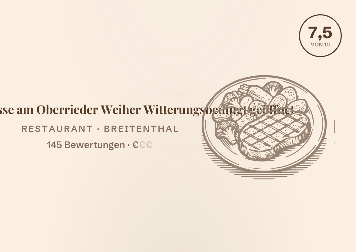Illustriertes Poster von Sonnenterrasse am Oberrieder Weiher Witterungsbedingt geöffnet, Restaurant in Breitenthal: Bewertung 7,5 von 10 aus 145 Bewertungen, Preisniveau €