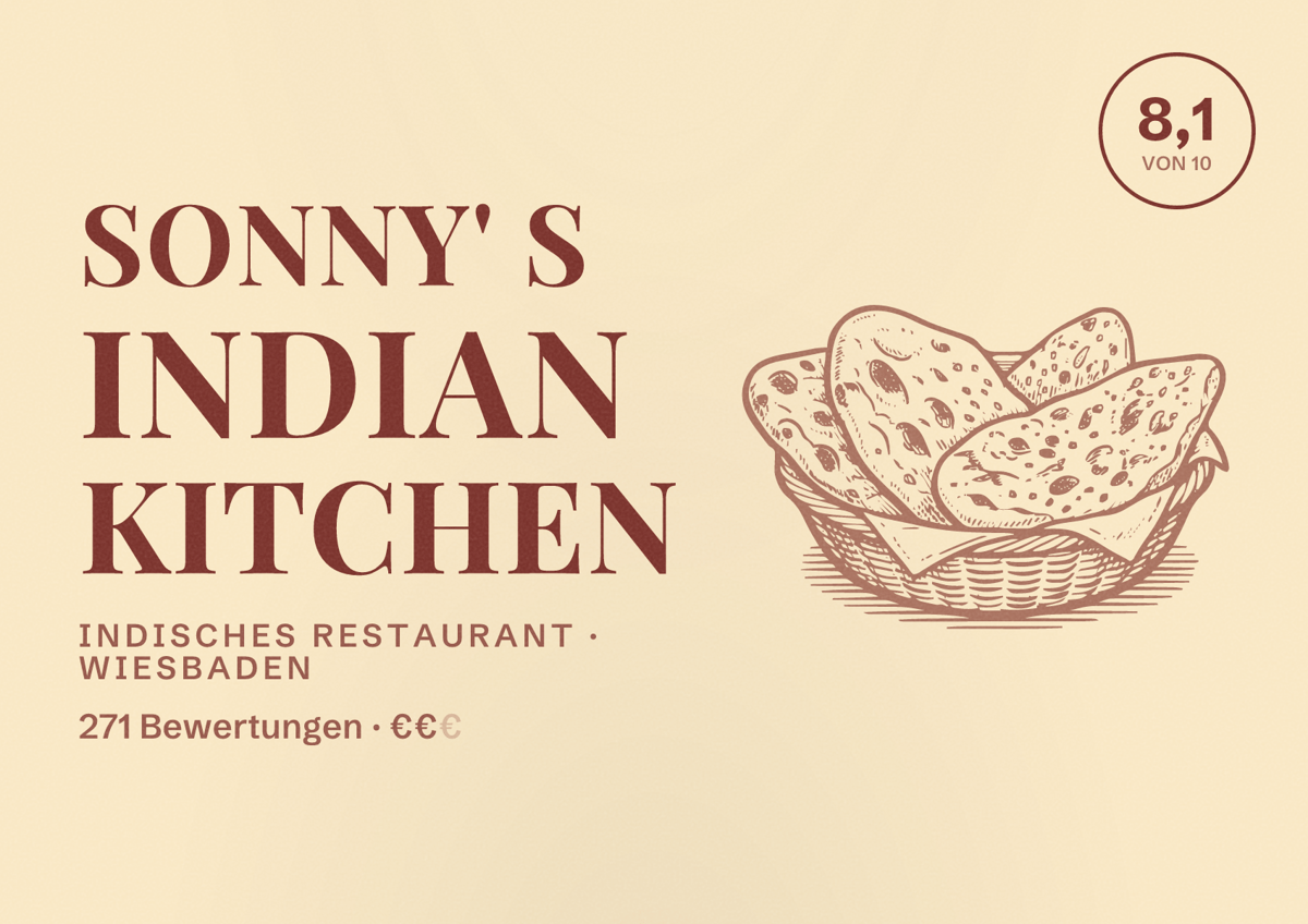 Illustriertes Poster von Sonny' S Indian Kitchen, Indisches Restaurant in Wiesbaden: Bewertung 8,1 von 10 aus 271 Bewertungen, Preisniveau €€