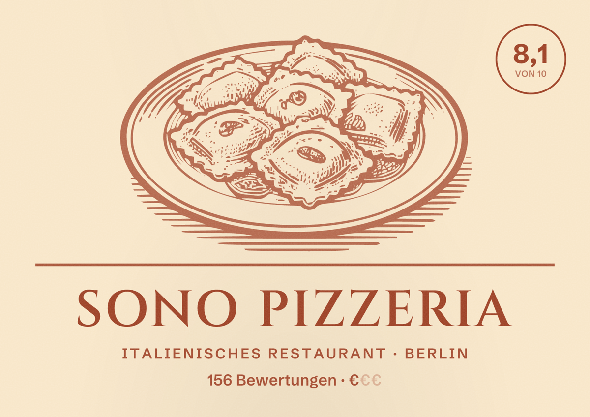 Illustriertes Poster von Sono Pizzeria, Italienisches Restaurant in Berlin: Bewertung 8,1 von 10 aus 156 Bewertungen, Preisniveau €