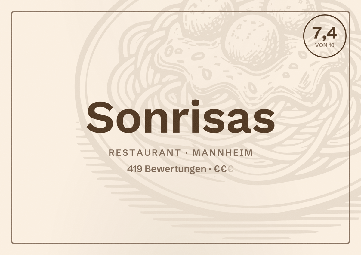 Illustriertes Poster von Sonrisas, Restaurant in Mannheim: Bewertung 7,4 von 10 aus 419 Bewertungen, Preisniveau €€