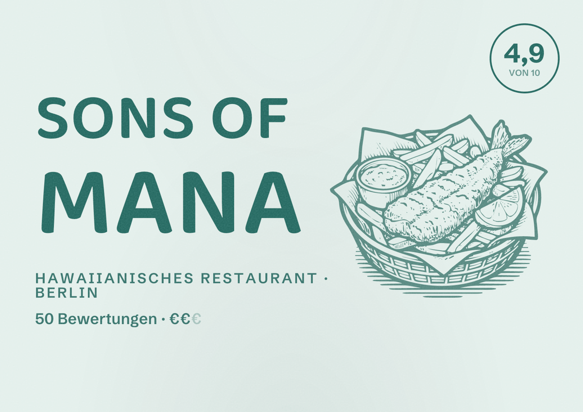 Illustriertes Poster von Sons of Mana, Hawaiianisches Restaurant in Berlin: Bewertung 4,9 von 10 aus 50 Bewertungen, Preisniveau €€