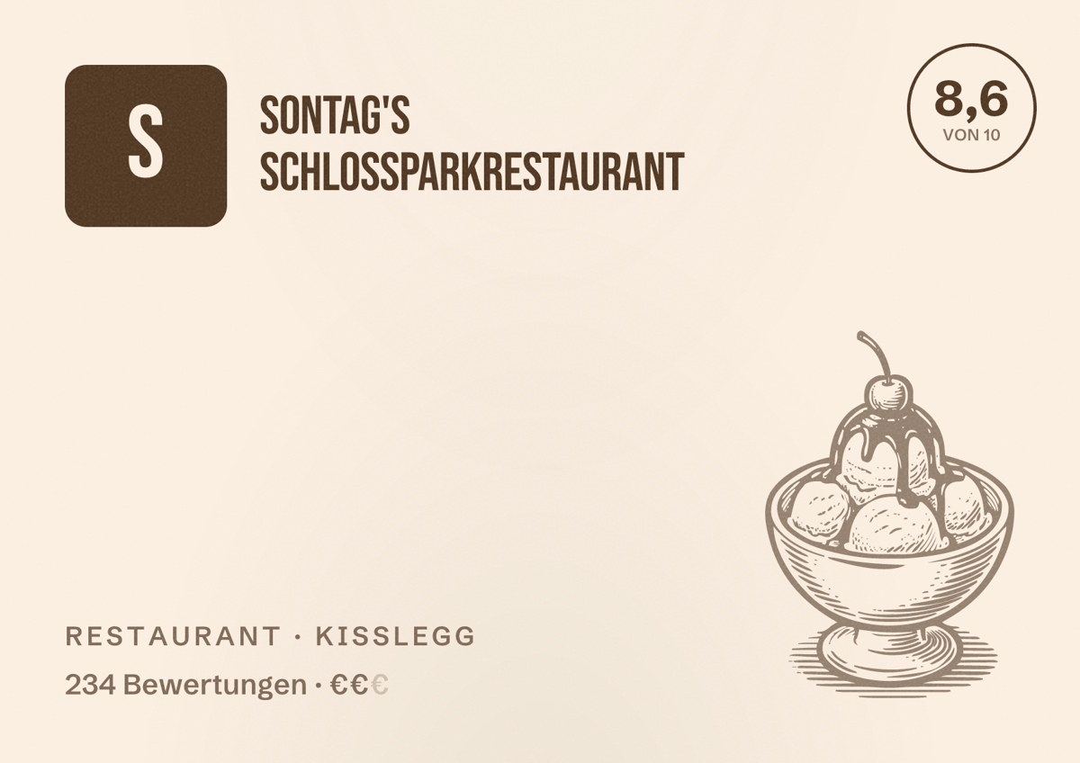 Illustriertes Poster von sontag's Schlossparkrestaurant, Restaurant in Kißlegg: Bewertung 8,6 von 10 aus 234 Bewertungen, Preisniveau €€