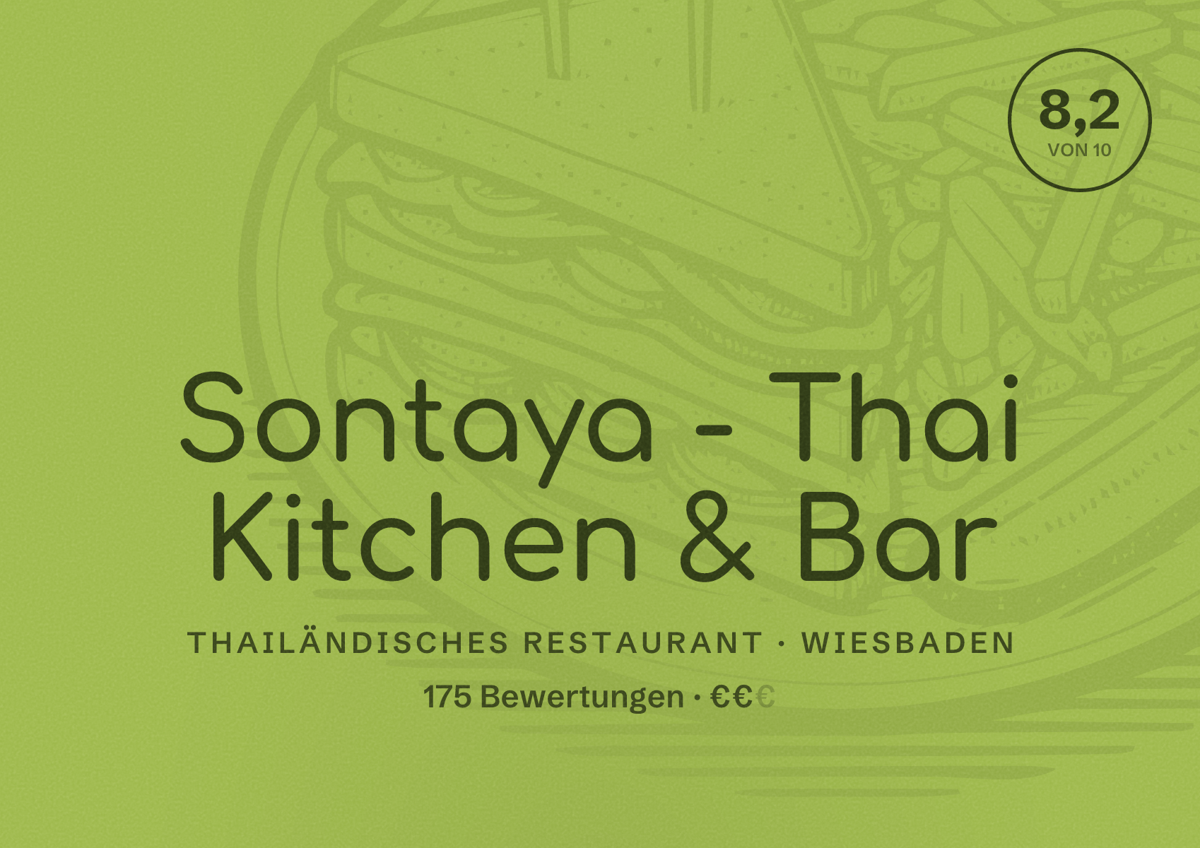 Illustriertes Poster von Sontaya - Thai Kitchen & Bar, Thailändisches Restaurant in Wiesbaden: Bewertung 8,2 von 10 aus 175 Bewertungen, Preisniveau €€