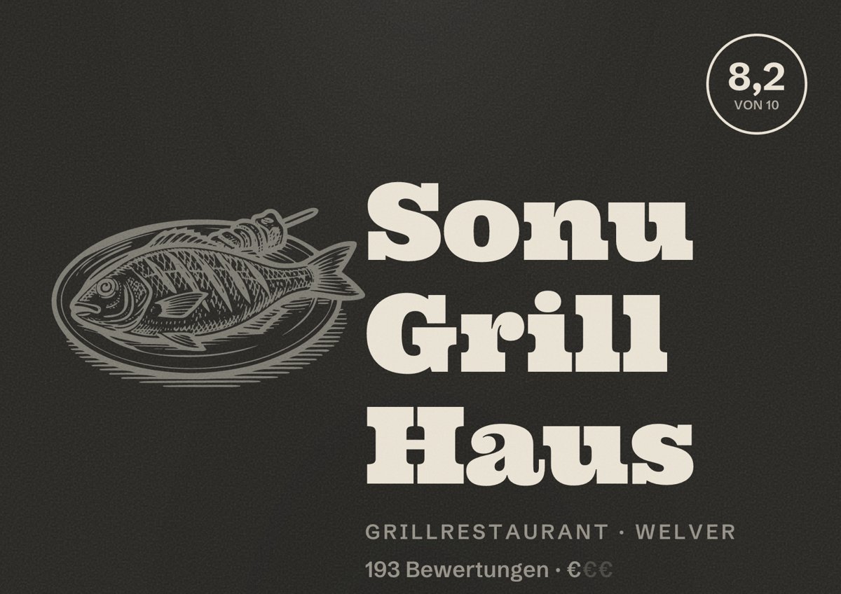 Illustriertes Poster von Sonu Grill Haus, Grillrestaurant in Welver: Bewertung 8,2 von 10 aus 193 Bewertungen, Preisniveau €