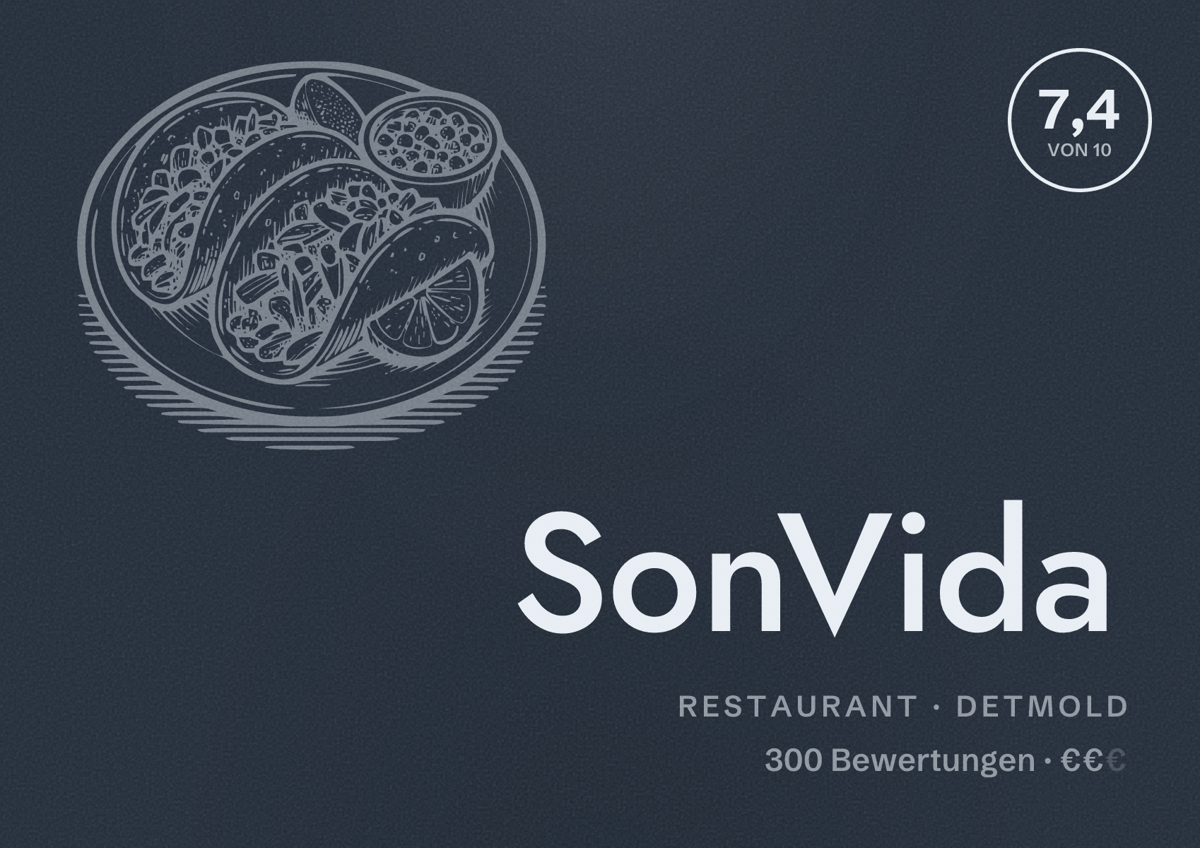 Illustriertes Poster von SonVida, Restaurant in Detmold: Bewertung 7,4 von 10 aus 300 Bewertungen, Preisniveau €€