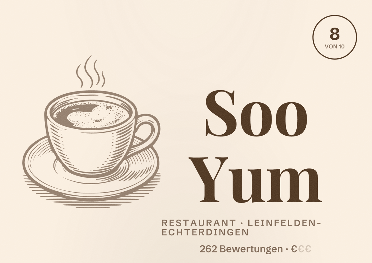 Illustriertes Poster von Soo Yum, Restaurant in Leinfelden-Echterdingen: Bewertung 8 von 10 aus 262 Bewertungen, Preisniveau €