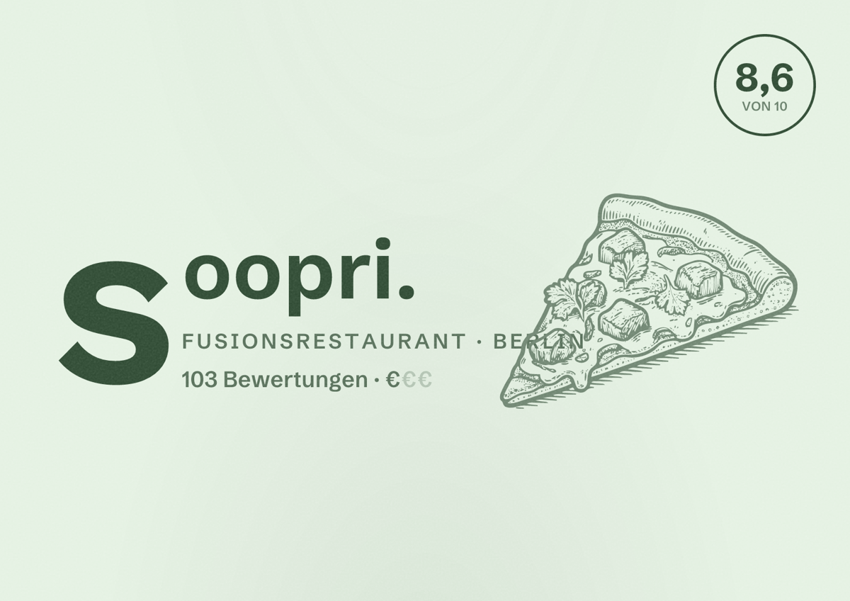 Illustriertes Poster von soopri., Fusionsrestaurant in Berlin: Bewertung 8,6 von 10 aus 103 Bewertungen, Preisniveau €