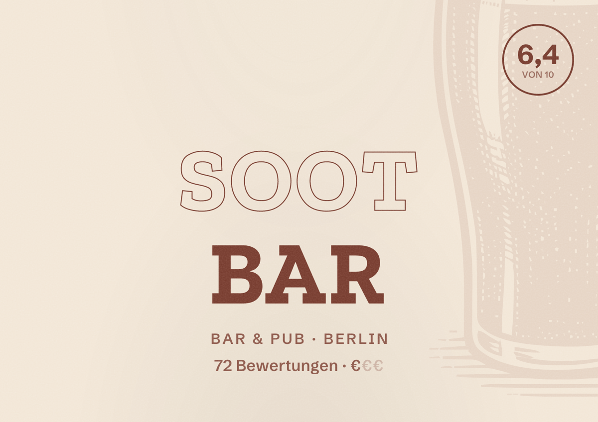 Illustriertes Poster von SOOT BAR, Bar & Pub in Berlin: Bewertung 6,4 von 10 aus 72 Bewertungen, Preisniveau €