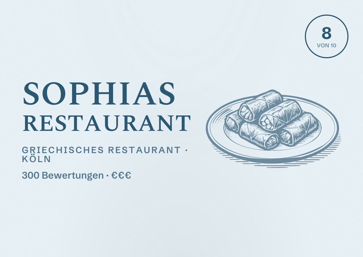 Illustriertes Poster von Sophias Restaurant, Griechisches Restaurant in Köln: Bewertung 8,0 von 10 aus 300 Bewertungen, Preisniveau €€€