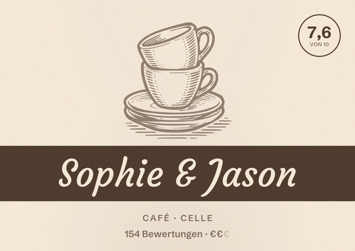 Illustriertes Poster von Sophie & Jason, Café in Celle: Bewertung 7,6 von 10 aus 154 Bewertungen, Preisniveau €€